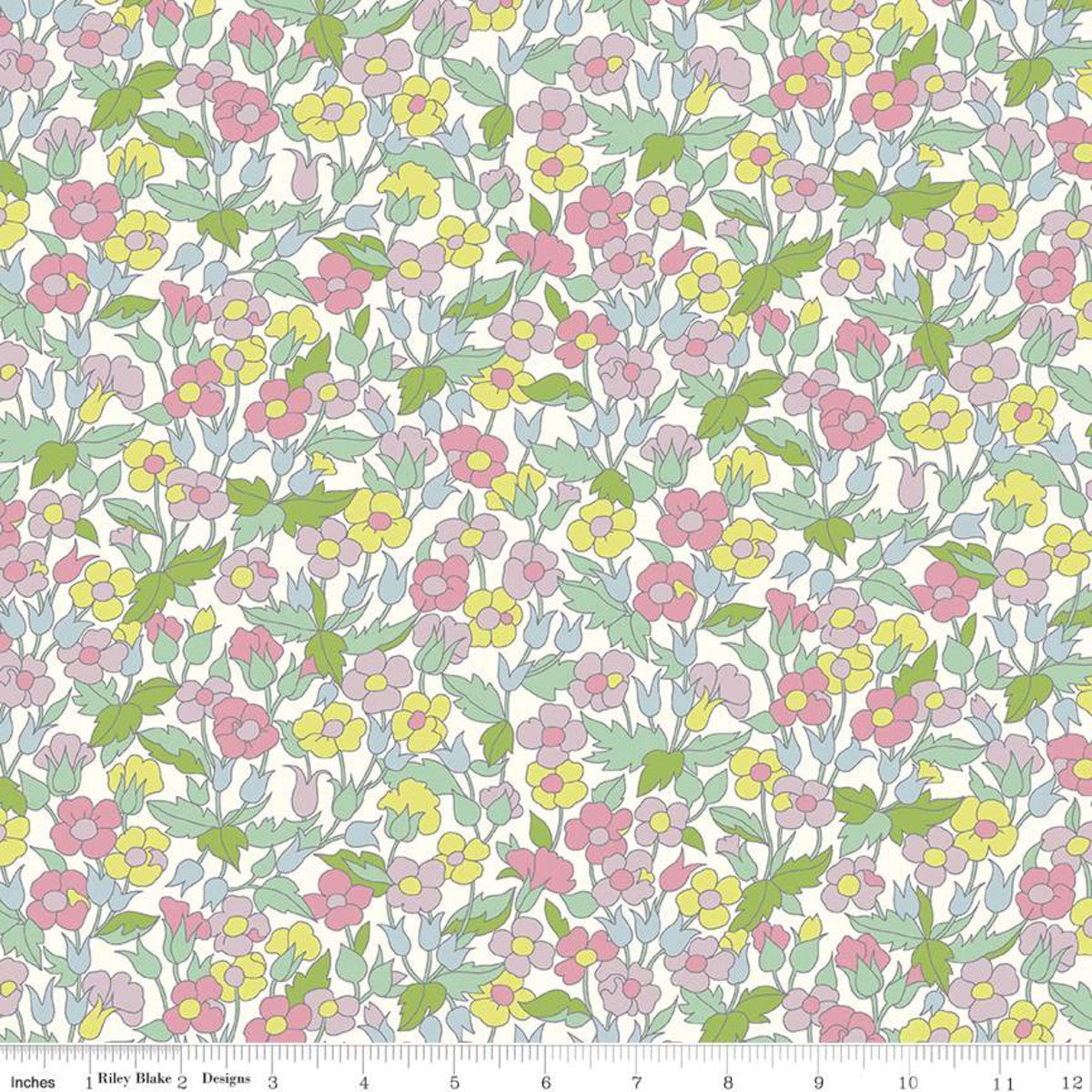 Yardage of Liberty Carnaby Collection Piccadilly Poppy C fabric in Daydream Colorway, displaying a floral pattern with pink, yellow, and green flowers on a white background.
Photo by RileyBlakeDesigns.com [image_link]