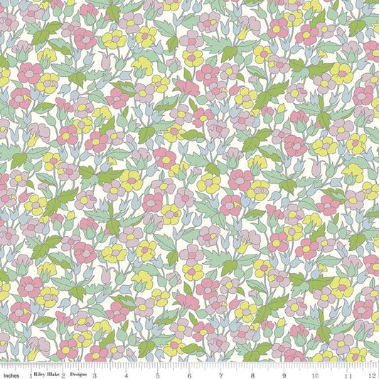 Yardage of Liberty Carnaby Collection Piccadilly Poppy C fabric in Daydream Colorway, displaying a floral pattern with pink, yellow, and green flowers on a white background.
Photo by RileyBlakeDesigns.com [image_link]