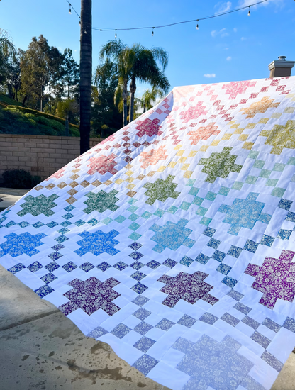 A large quilted patchwork blanket or quilt with repeating geometric star and diamond motifs in multiple pastel and muted colors, draped outdoors on a patio with palm trees, a stone wall, and blue sky in the background.
Photo by Jedi Craft Girl [additional_image_link]
