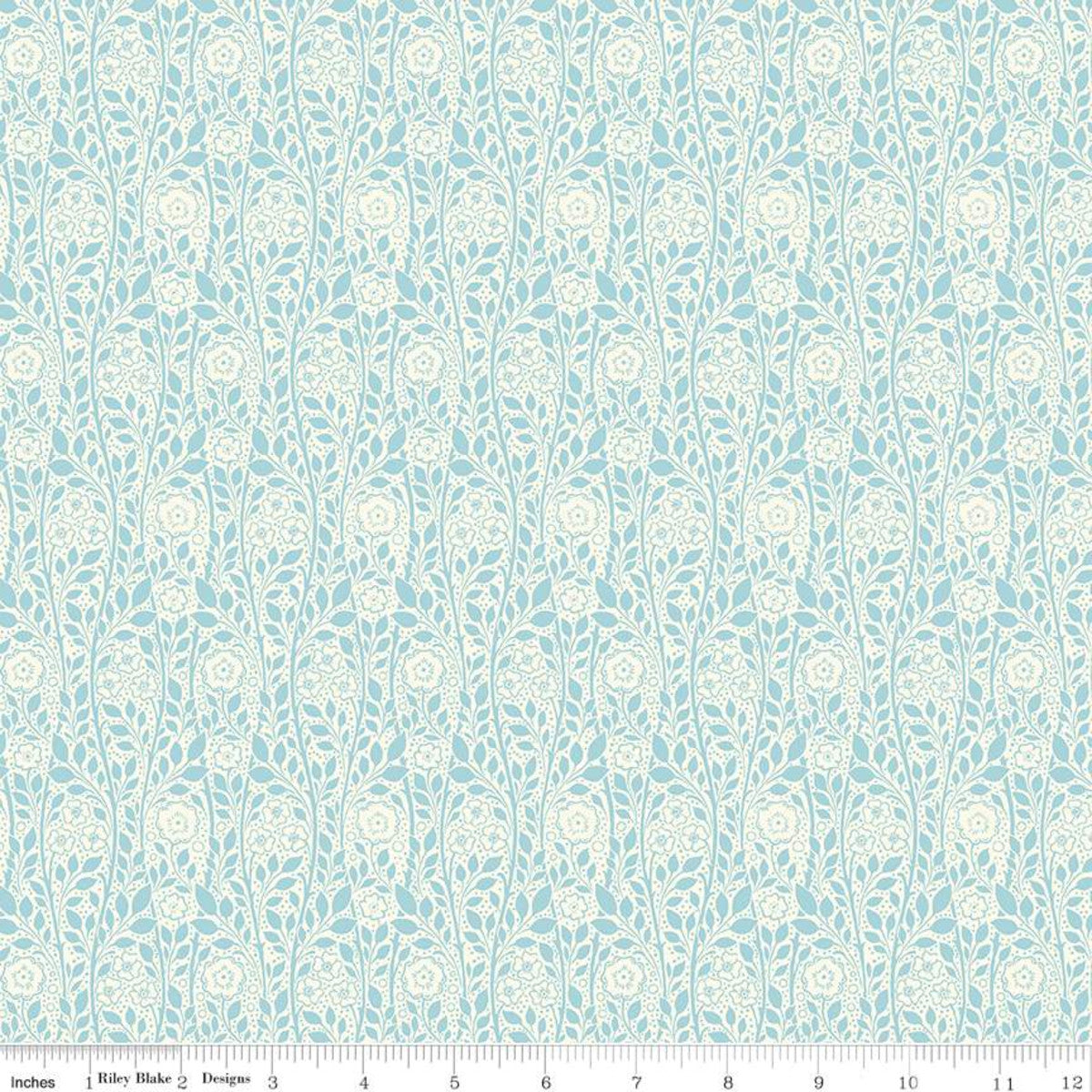 Yardage of Merton Rose B fabric from the Emporium Collection in Discovery Colorway by Liberty Fabrics for Riley Blake Designs, displaying a floral pattern on a blue background.
Photo by RileyBlakeDesigns.com [image_link]