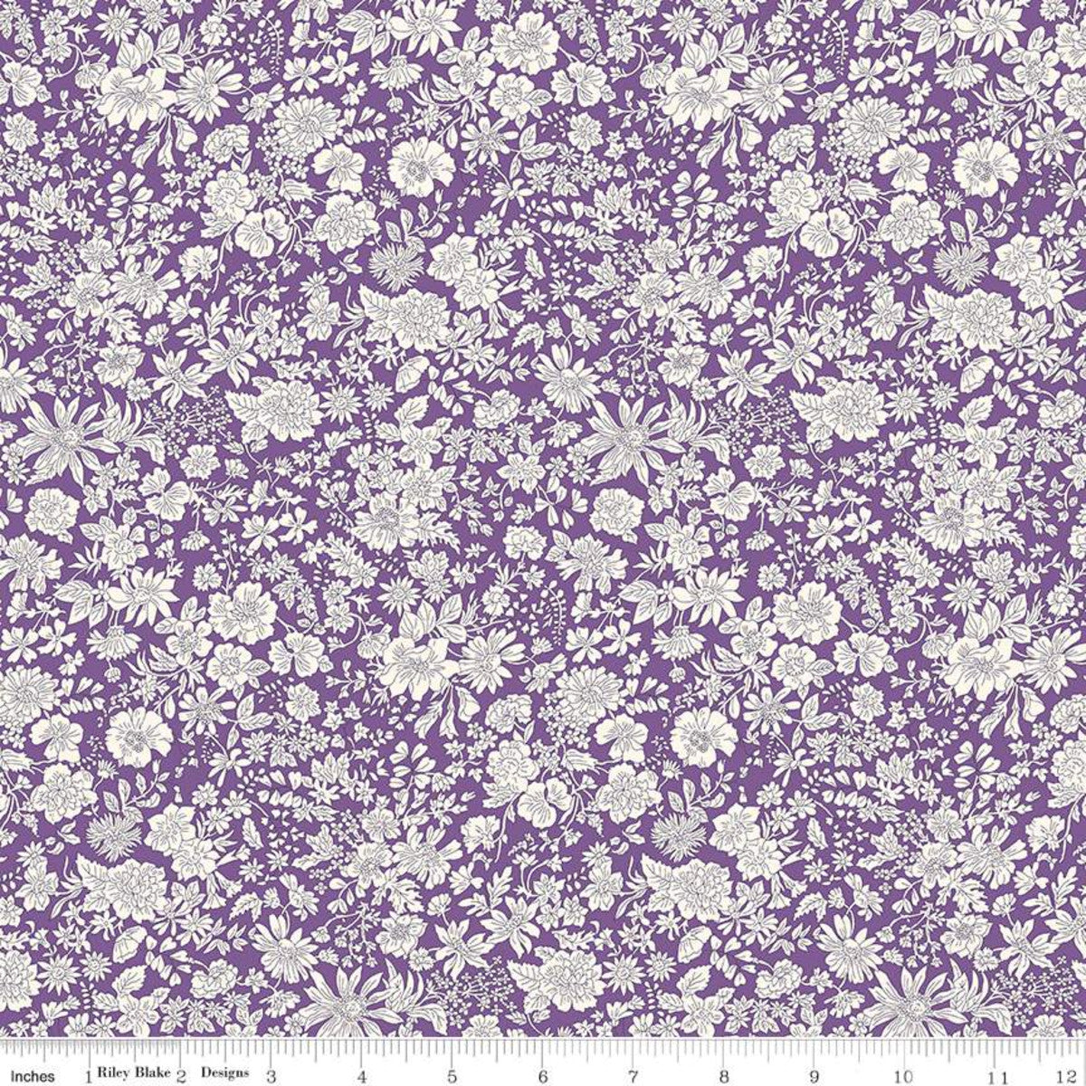 Purple and white floral fabric pattern with a ruler scale at the bottom showing measurements.
Photo by RileyBlakeDesigns.com [image_link]