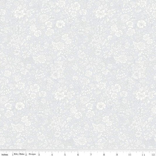 A fabric from the Emily Belle Collection Silver Birch by Liberty Fabrics, featuring a floral pattern with daisies, marguerites, peonies, and cornflowers on a white background.
Photo by RileyBlakeDesigns.com [image_link]