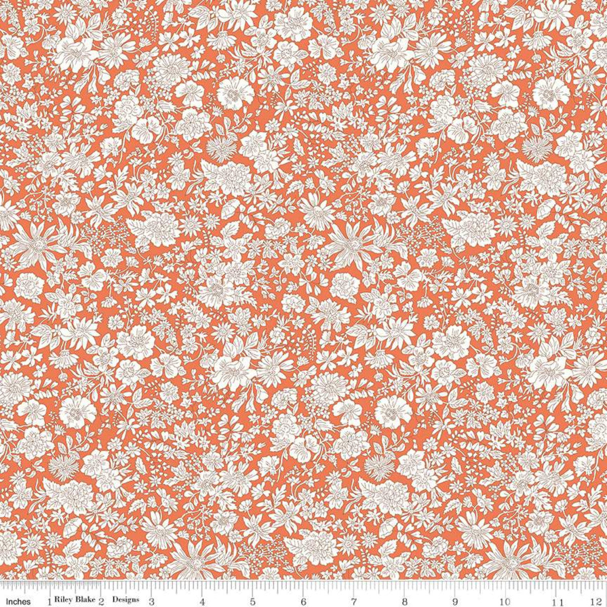 Yardage of Liberty Fabrics Emily Belle Tangerine, featuring a floral pattern with orange background.
Photo by RileyBlakeDesigns.com [image_link]