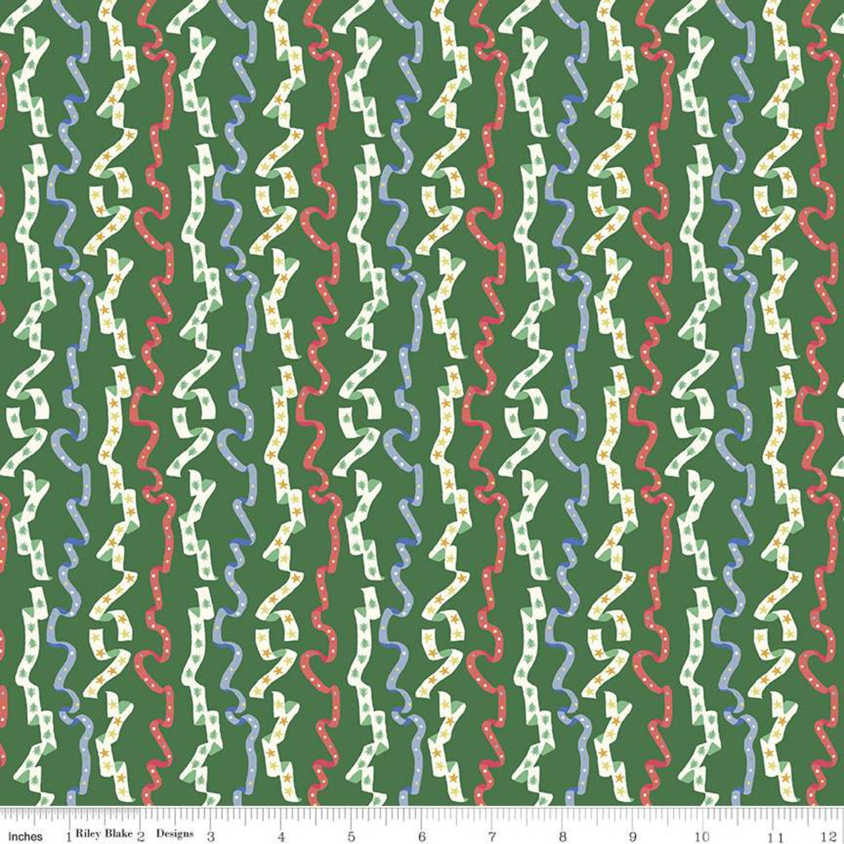 A close-up of a fabric pattern featuring vertical wavy stripes in cream, light blue, and red on a dark green background, with a ruler along the bottom edge showing scale.
Photo by RileyBlakeDesigns.com [image_link]