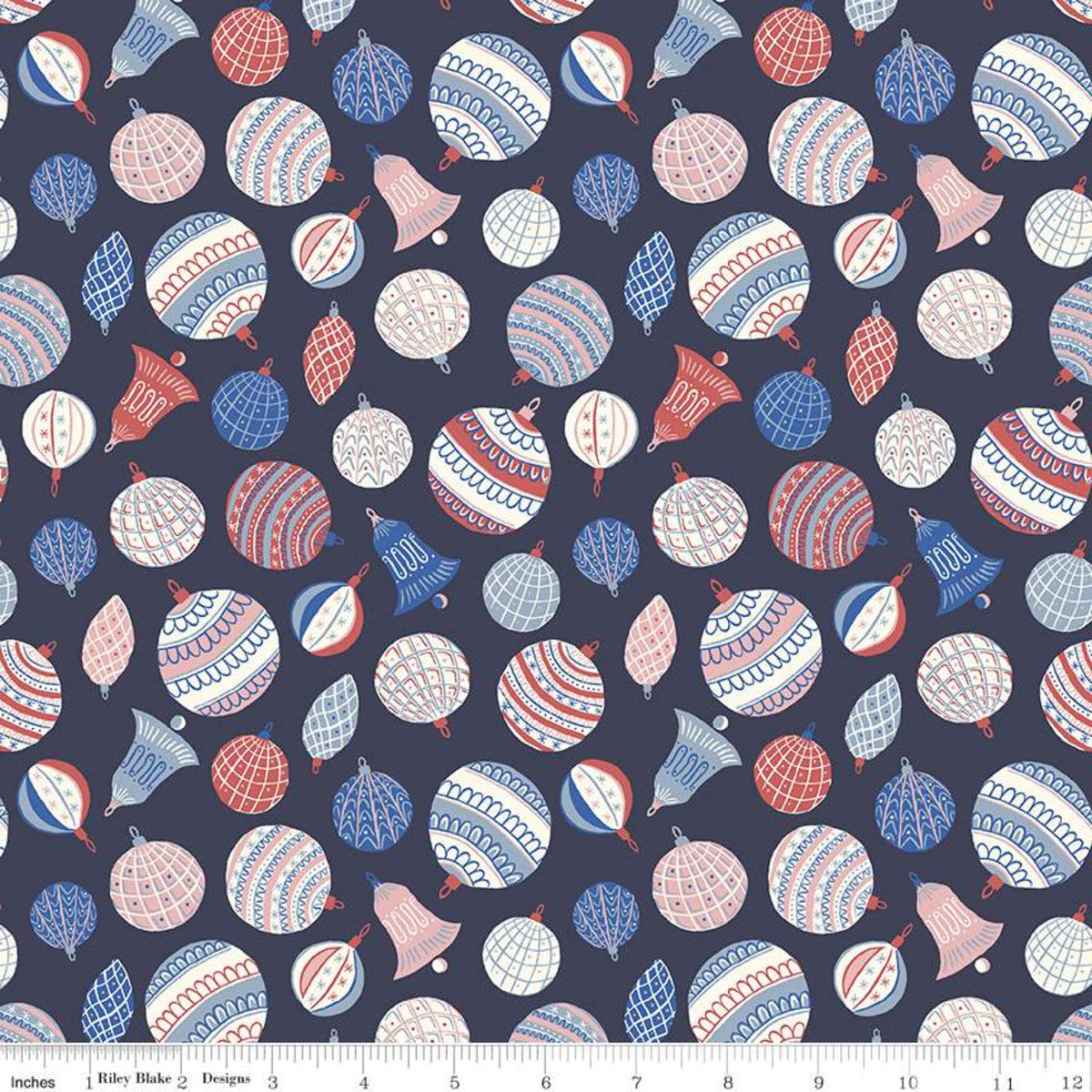 A fabric from the Merry and Bright Collection by Liberty Fabrics featuring a repeating pattern of multicolored baubles and geometric shapes on a dark background.
Photo by RileyBlakeDesigns.com [image_link]