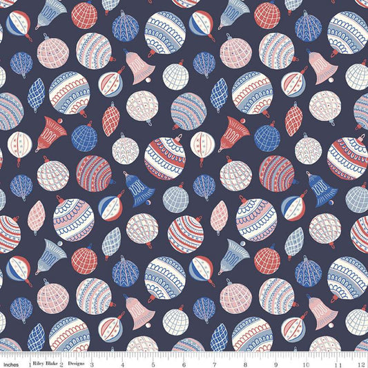 A fabric from the Merry and Bright Collection by Liberty Fabrics featuring a repeating pattern of multicolored baubles and geometric shapes on a dark background.
Photo by RileyBlakeDesigns.com [image_link]