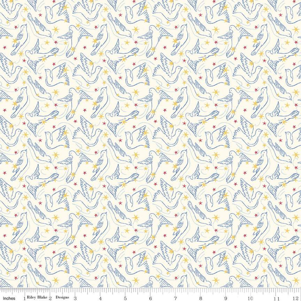 Yardage of Liberty Fabrics Merry and Bright Dove Star A fabric featuring a pattern of doves and stars on a white background.
Photo by RileyBlakeDesigns.com [image_link]