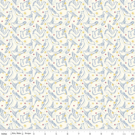 Yardage of Liberty Fabrics Merry and Bright Dove Star A fabric featuring a pattern of doves and stars on a white background.
Photo by RileyBlakeDesigns.com [image_link]