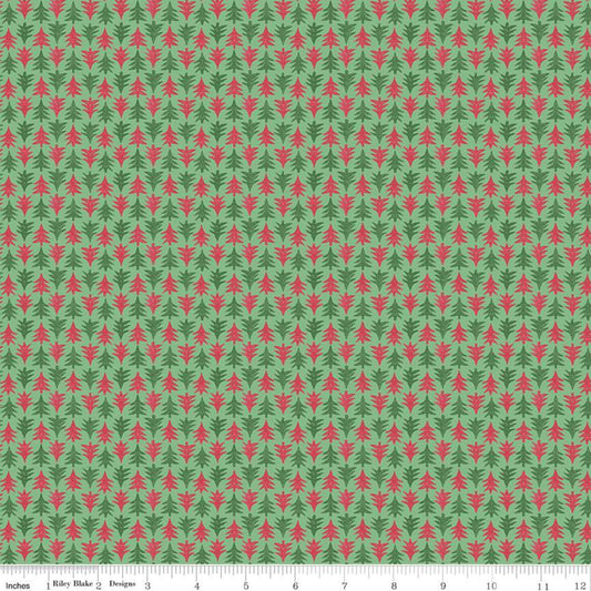 A repeating fabric pattern featuring small red pine trees on a sage green background, with a white ruler along the bottom edge showing measurements in inches. The text 'Riley Blake Designs' is visible on the ruler.
Photo by RileyBlakeDesigns.com [image_link]