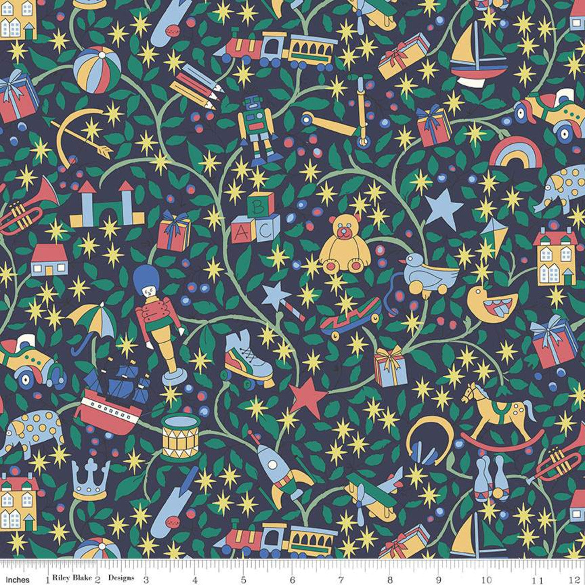 Yardage of Liberty Fabrics Merry and Bright Magical Forest fabric featuring Christmas-themed patterns including trees, ornaments, and festive motifs on a dark background.
Photo by RileyBlakeDesigns.com [image_link]