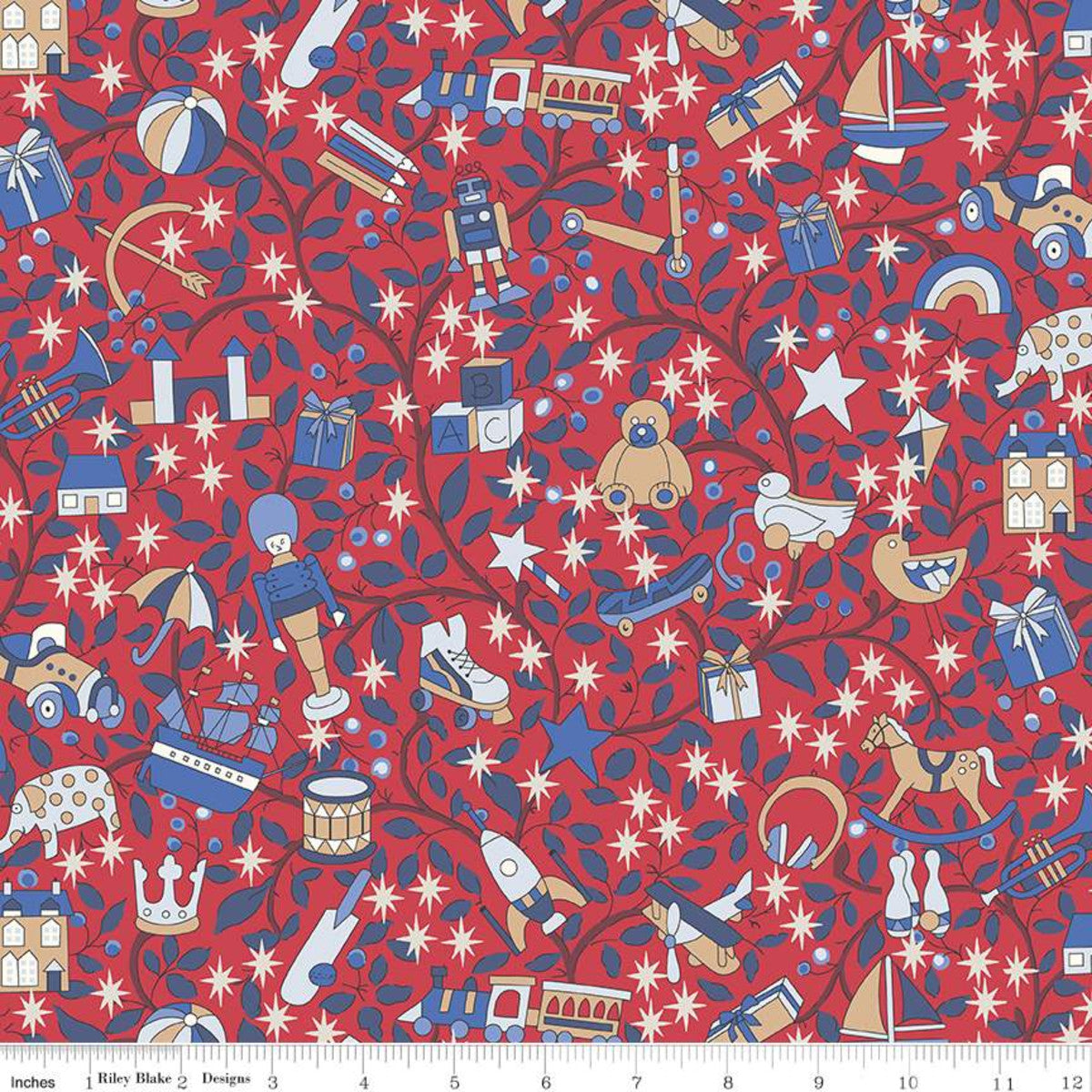 A repeating fabric pattern on a red background featuring blue and navy tree branches, white stars, and assorted toy and beach-themed illustrations including a robot, rocket, beach ball, umbrella, and teddy bear. A ruler along the bottom edge shows scale and includes the text Riley Blake Designs.
Photo by RileyBlakeDesigns.com [image_link]