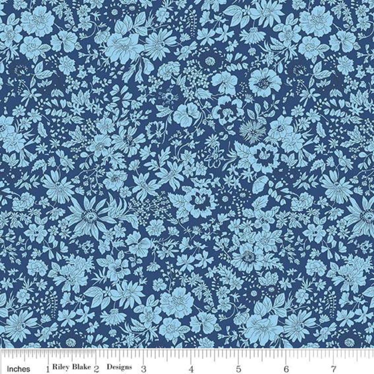A fabric from the Flower Show Midnight Garden Collection by Liberty Blake Designs featuring a blue floral pattern.
Photo by RileyBlakeDesigns.com [image_link]
