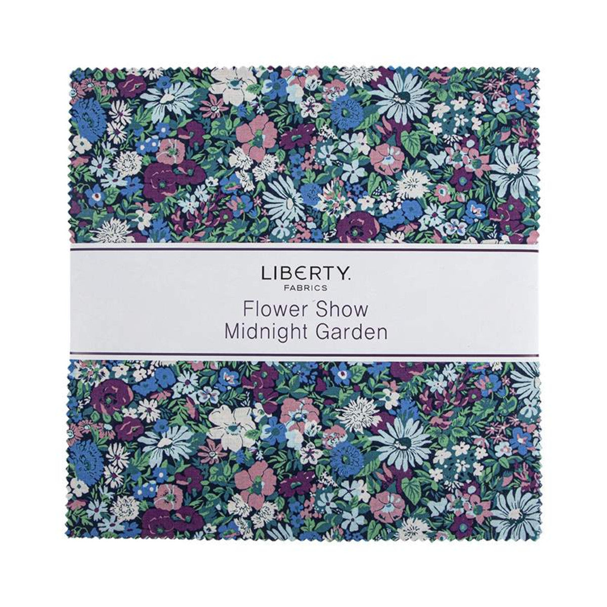 A folded fabric bundle from Liberty Fabrics with a floral print pattern labeled 'Flower Show Midnight Garden,' shown on a white background.
Photo by RileyBlakeDesigns.com [image_link]