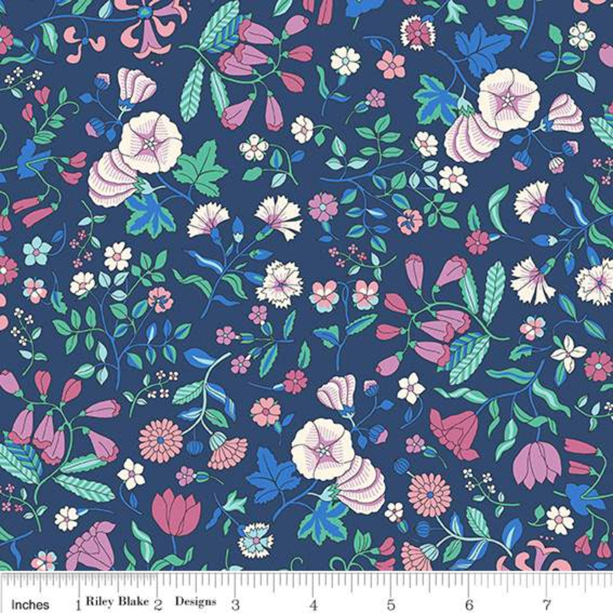 A close-up of a floral fabric pattern on a dark navy blue background, featuring pink, white, and light blue flowers with green leaves and stems. A white ruler at the bottom shows the scale and includes the text 'Riley Blake Designs'.
Photo by RileyBlakeDesigns.com [image_link]