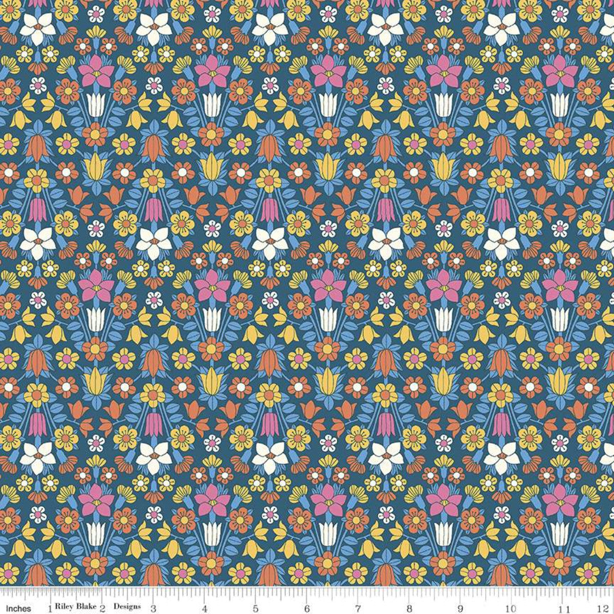 A fabric from the Flower Show Midsummer Collection by Liberty Fabrics, featuring a detailed floral pattern with a variety of flowers in shades of blue, red, and white, and a visible measuring scale along the edge.
Photo by RileyBlakeDesigns.com [image_link]