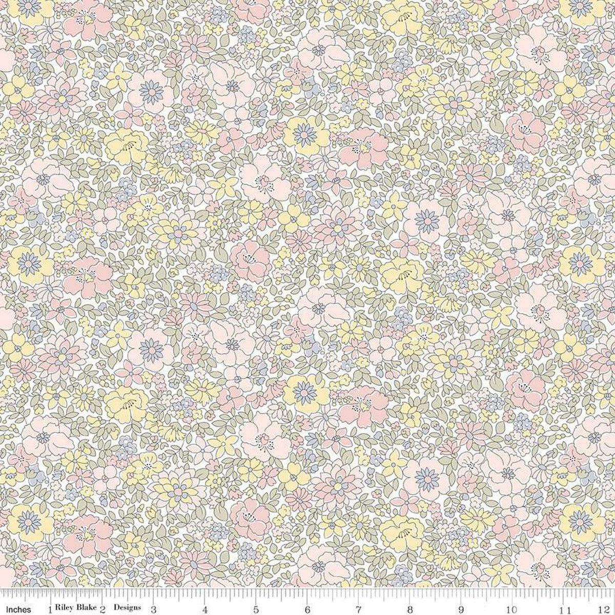 A close-up of a repeating floral fabric pattern with small pink, yellow, and lavender flowers outlined in gray on a white background, with a ruler along the bottom edge showing scale.
Photo by RileyBlakeDesigns.com [image_link]