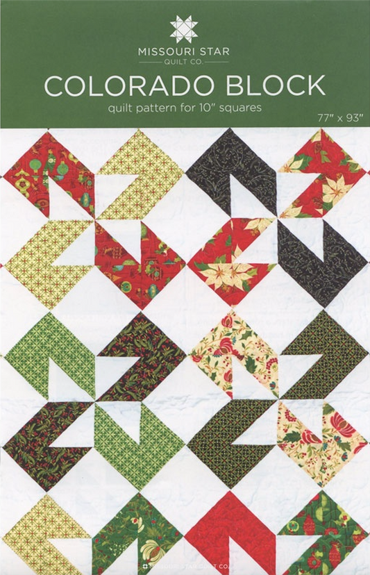 Cover of the Missouri Star Quilt Company's Colorado Block quilt pattern, featuring a quilt with green, red, and white colors and floral patterns.
Photo by MSQC [image_link]