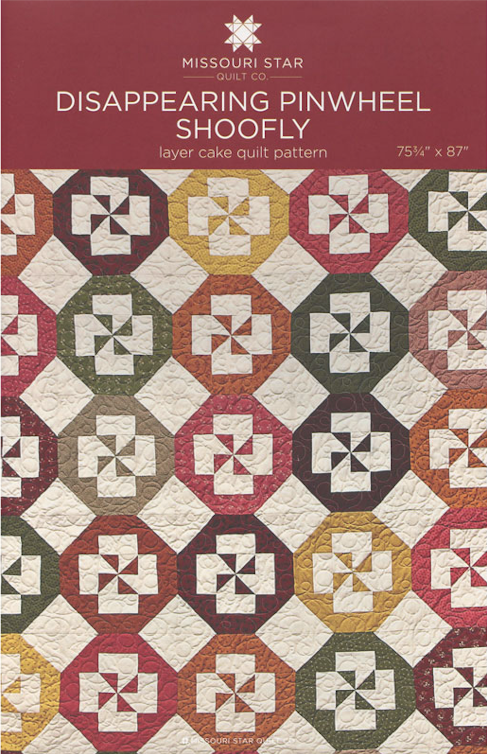 A paper quilting pattern for a Disappearing Pinwheel Shoofly, featuring a colorful geometric design, with text indicating the size of 74 3/4in x 86in and the pattern name.
Photo by MSQC [image_link]