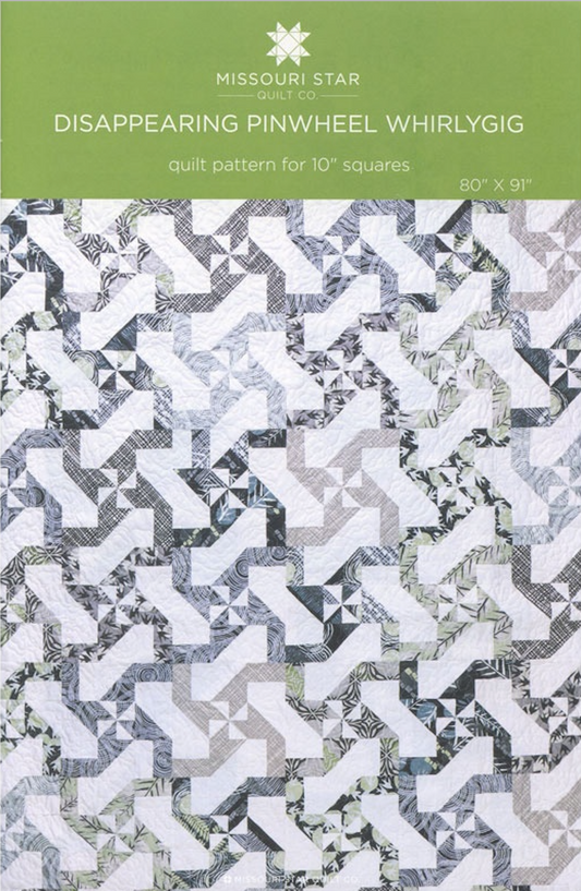 A paper quilting pattern featuring a geometric disappearing pinwheel whirlygig design, with text indicating the pattern size of 80in x 91in and the number of squares per quilt of 10in.
Photo by MSQC [image_link]