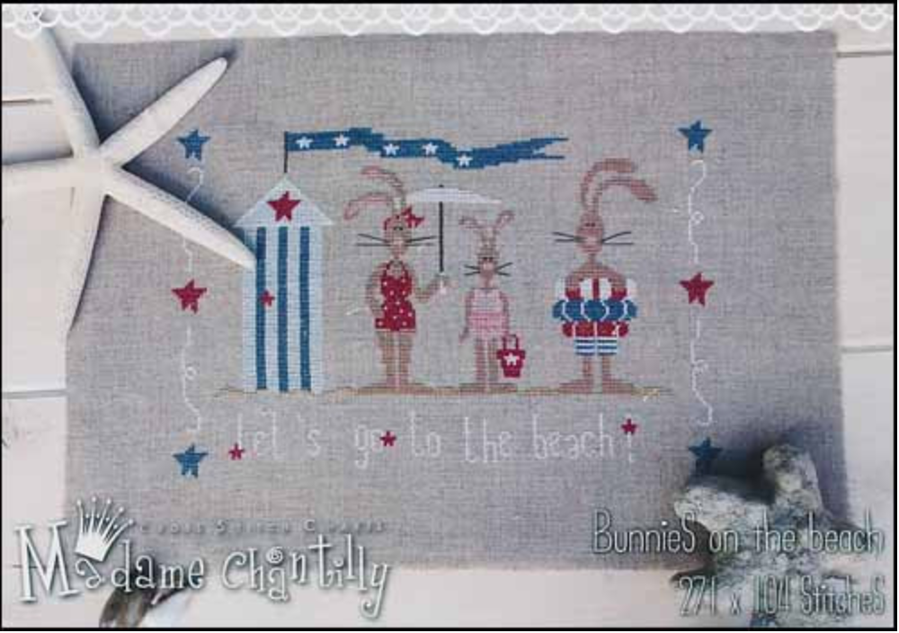 BUNNIES ON THE BEACH Cross Stitch Kit from Madame Chantilly: Pattern, Linen, Floss
