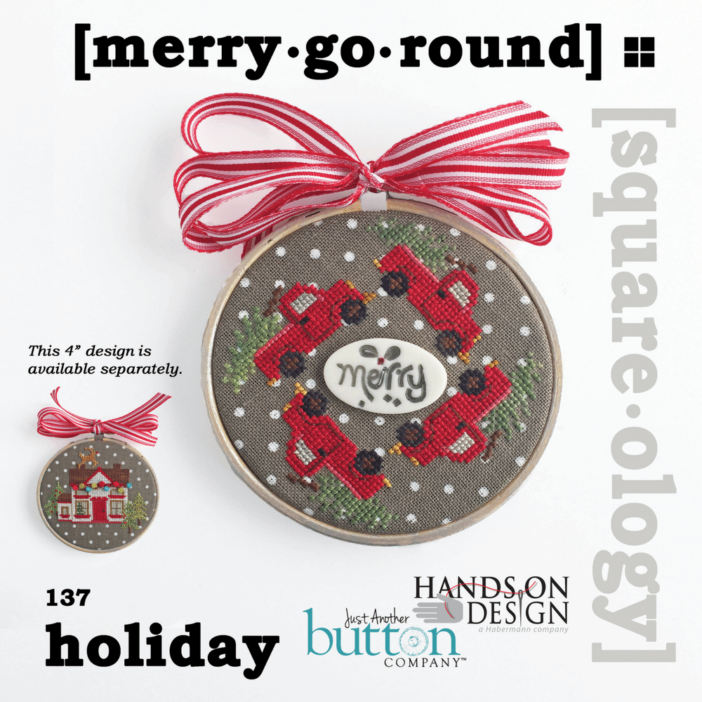 A circular embroidery or cross-stitch pattern cover showing a festive holiday design with red trucks, green wreaths, white polka dots, and a red-and-white ribbon bow. Text includes '[merry ]'.
Photo by JustAnotherButtonCompany.com [image_link]