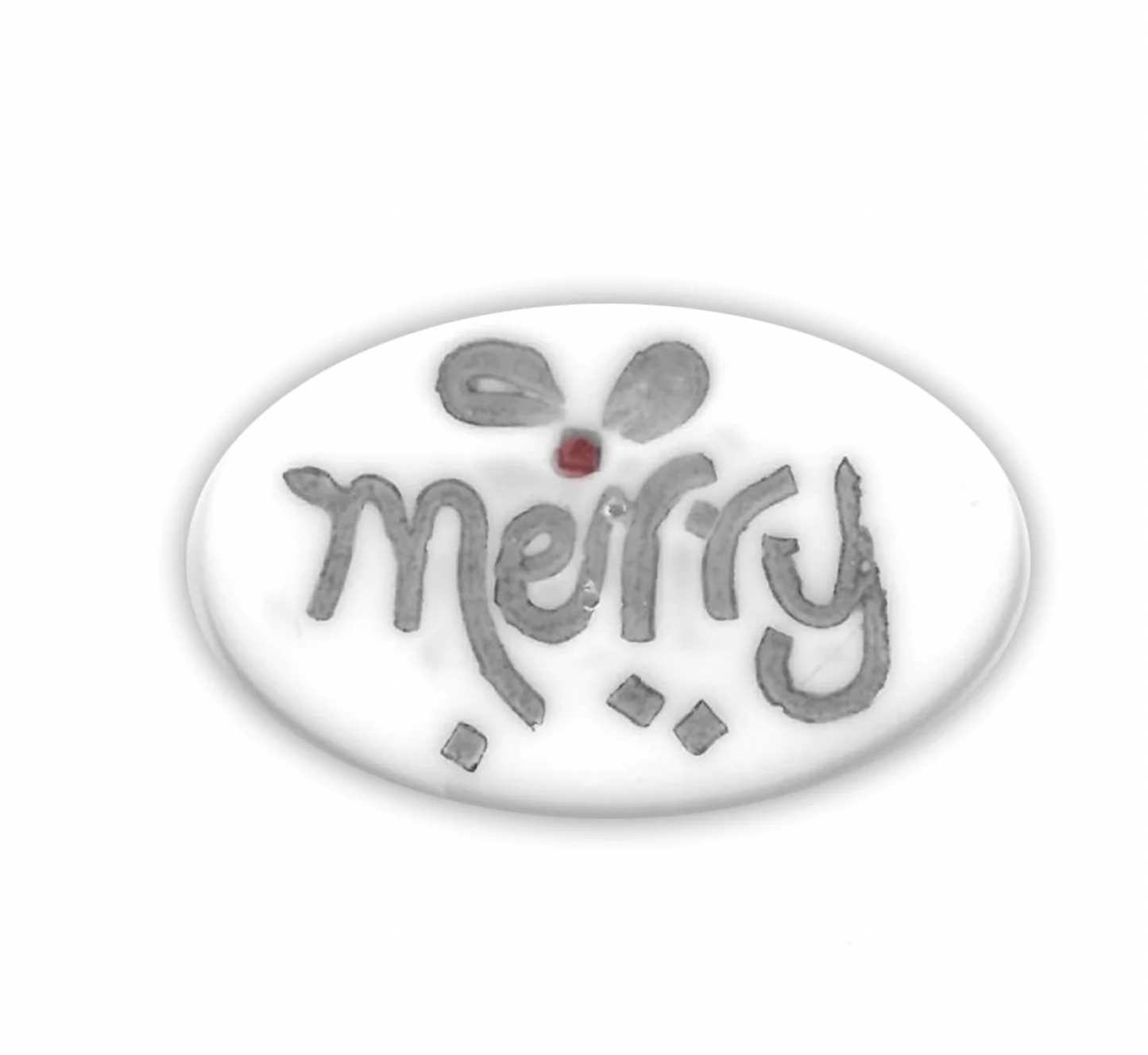 An oval white decorative button featuring the word 'merry' in gray script, with a small gray bow and red berry accent above, on a white background.
Photo by JustAnotherButtonCompany.com [additional_image_link]