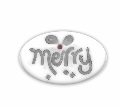 An oval white decorative button featuring the word 'merry' in gray script, with a small gray bow and red berry accent above, on a white background.
Photo by JustAnotherButtonCompany.com [additional_image_link]