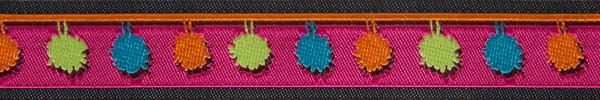 A spool of multi-colored pompoms on a hot pink jacquard ribbon, used for crafting and sewing.
Photo by RenaissanceRibbons.com [additional_image_link]
