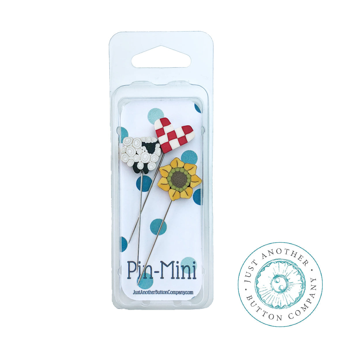 JABC pin mini with a sheep, a red and white checker heart and a sunflower.
Photo by JustAnotherButtonCompany.com [image_link]