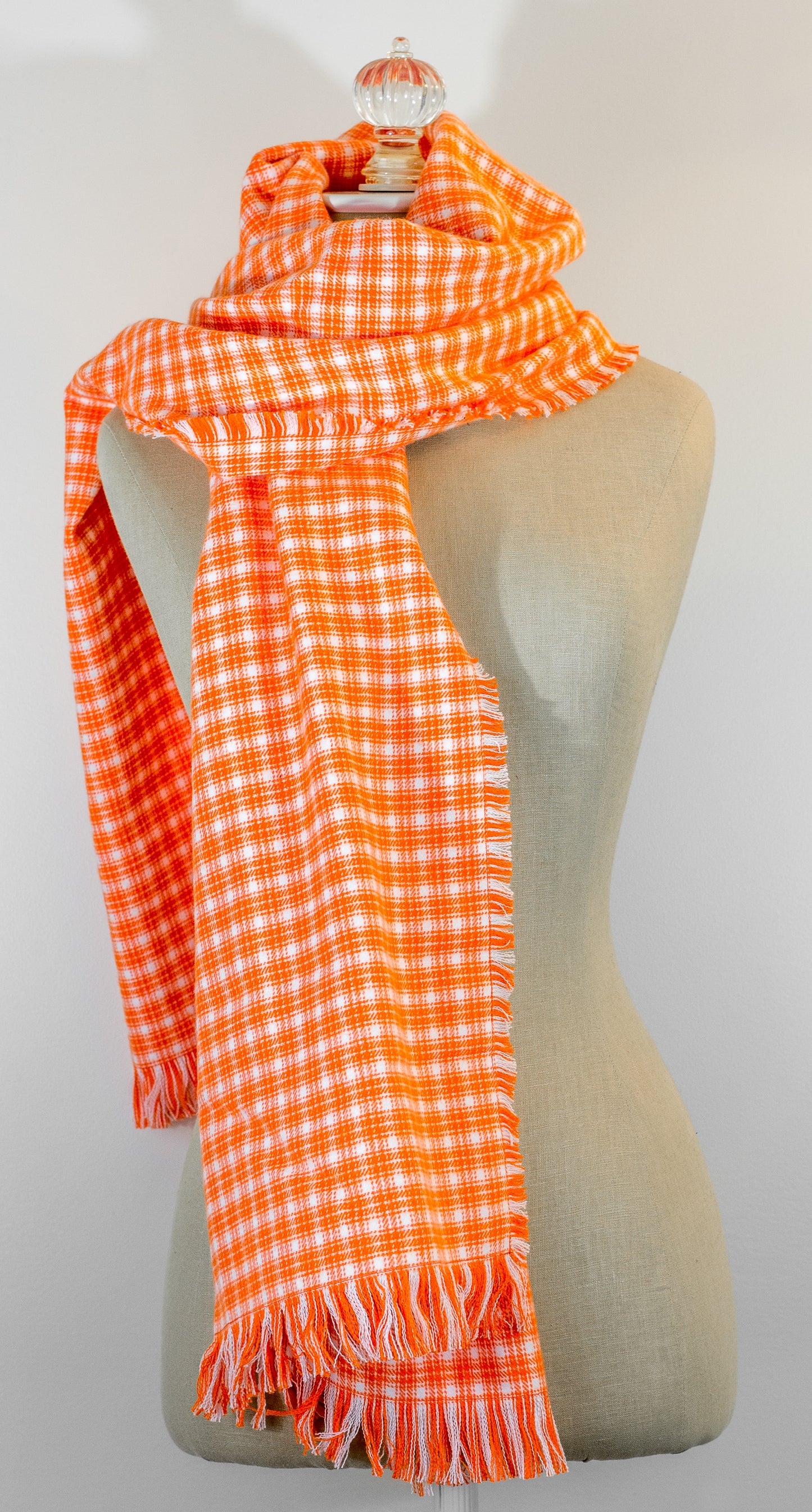 Orange Plaid Flannel Blanket Scarf: 23" x 72" Orange and White Shawl with Kilt Pin