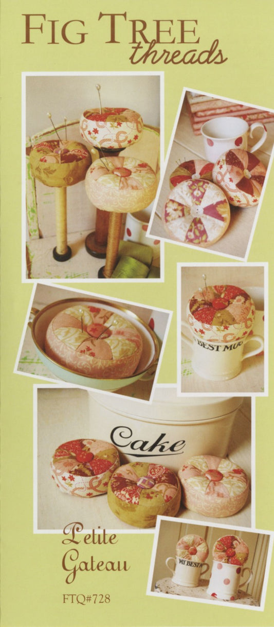 Promotional material for Fig Tree Quilts, showing a series of images of a quilted pincushion cake, with the actual product at the bottom. The background is a solid cream color, and the text 'Petite Galeau' and 'Elle's Café' appears on the images.
Photo by Fig Tree & Co. [image_link]