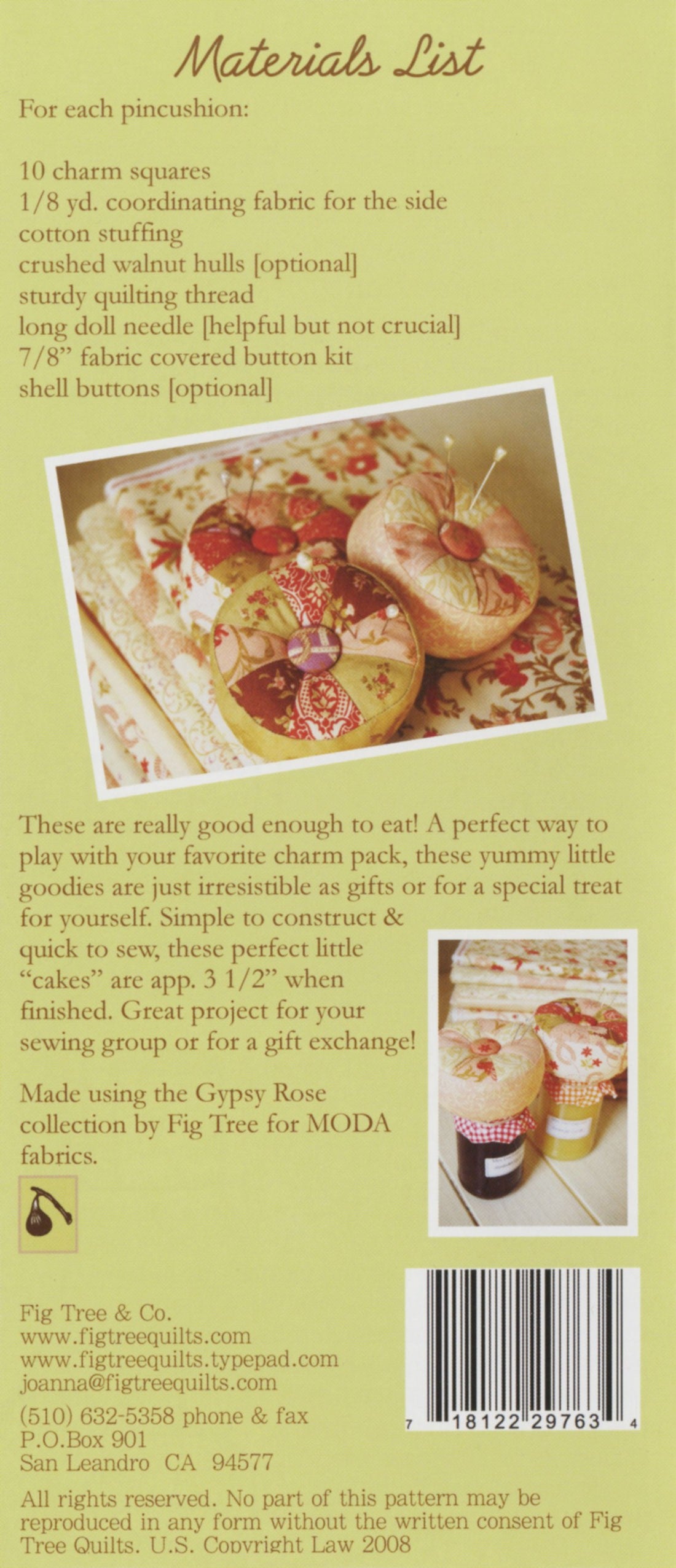 Promotional material for Fig Tree Quilts, showing a series of images of a quilted pincushion cake, with the actual product at the bottom. The background is a solid cream color, and the text 'Petite Galeau' and 'Elle's Café' appears on the images.
Materials list.
Photo by Fig Tree & Co. [additional_image_link]