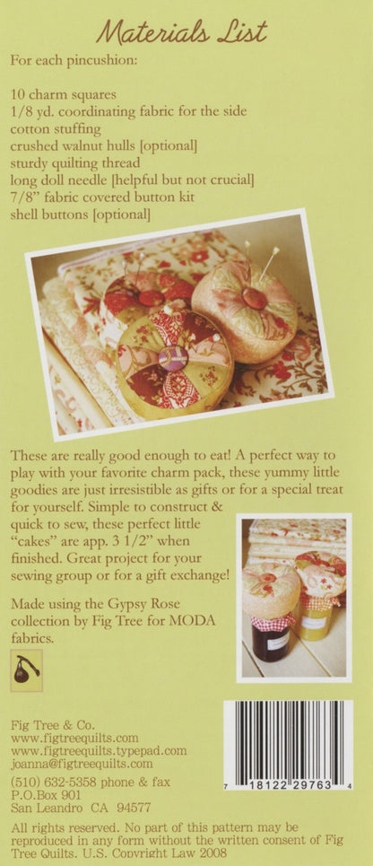 Promotional material for Fig Tree Quilts, showing a series of images of a quilted pincushion cake, with the actual product at the bottom. The background is a solid cream color, and the text 'Petite Galeau' and 'Elle's Café' appears on the images.
Materials list.
Photo by Fig Tree & Co. [additional_image_link]