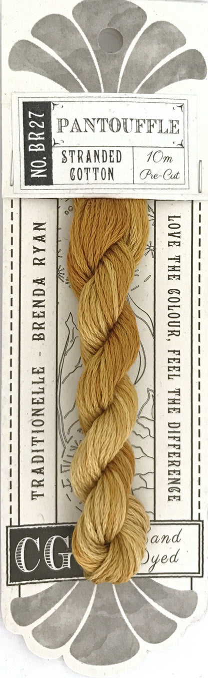 A packaged skein of embroidery floss labeled 'PANTOUFFLE' with a braided strand of light tan cotton thread hanging from a white and gray paper card.
Photo by cottagegardenthread.com [additional_image_link]