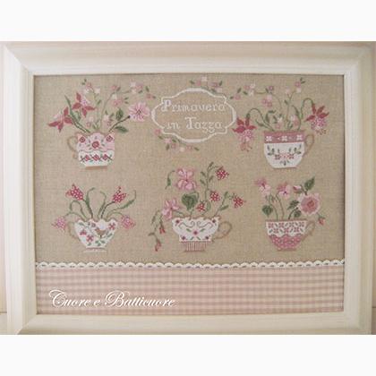 A framed embroidery kit depicting spring-themed designs with floral patterns and text, on a light background, bordered by a white crochet lace trim.
Photo by CuoreBatticuore.com [image_link]