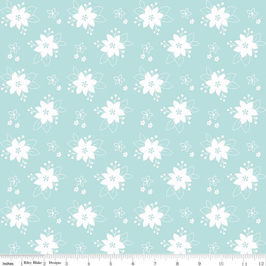 Yardage of floral aqua fabric from the Pixie Noel 2 collection by Tasha Noel for Riley Blake Designs, featuring white flowers on a colored background.
Photo by RileyBlakeDesigns.com [image_link]
