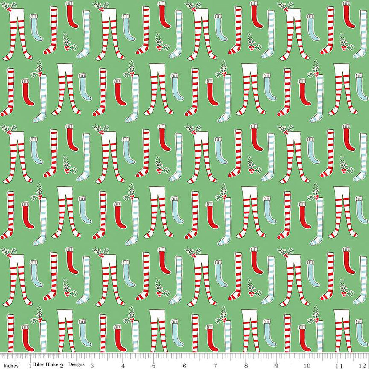 Green fabric with a Christmas-themed pattern featuring pairs of stockings and festive elements.
Photo by RileyBlakeDesigns.com [image_link]