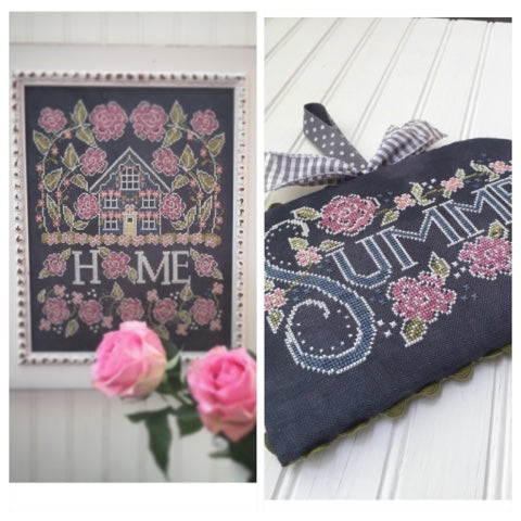 A cross-stitch needlework kit shown in two views: a framed finished piece featuring a house, flowers, and the word 'HOME,' and an unfolded fabric sample with embroidered floral motifs and the word 'SUMMER.' Pink roses are placed in front of the framed piece.
Photo by HandsOnDesign.biz [additional_image_link]