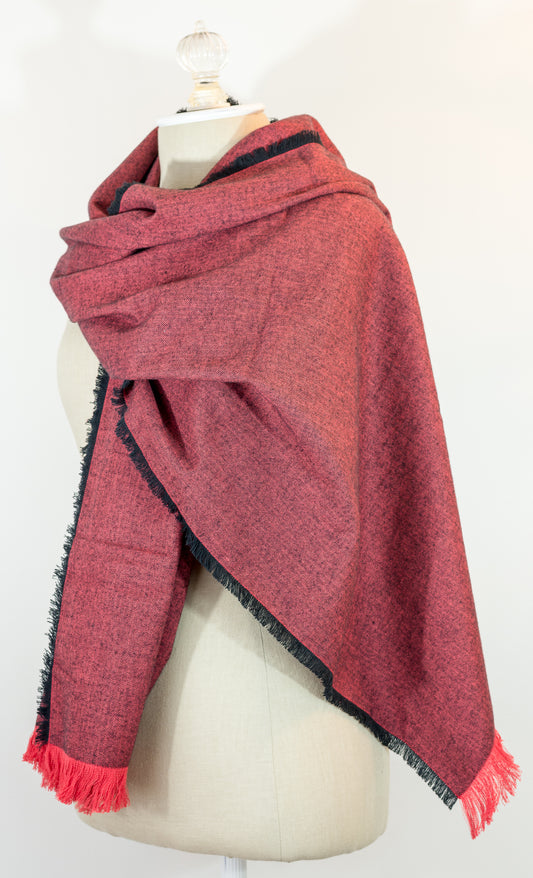 Red Herringbone Flannel Blanket Scarf 23in x 72in Shawl with Kilt Pin Handmade in Maine