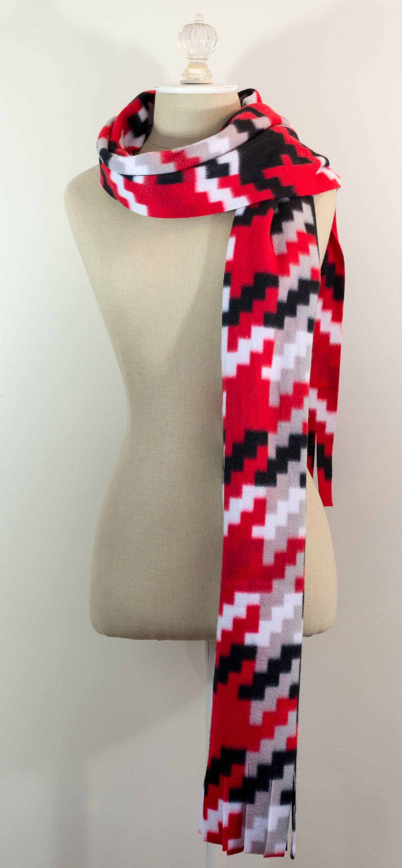 Red, Black, White and Beige Houndstooth Polar Fleece Scarf 10" x 72" Handmade
