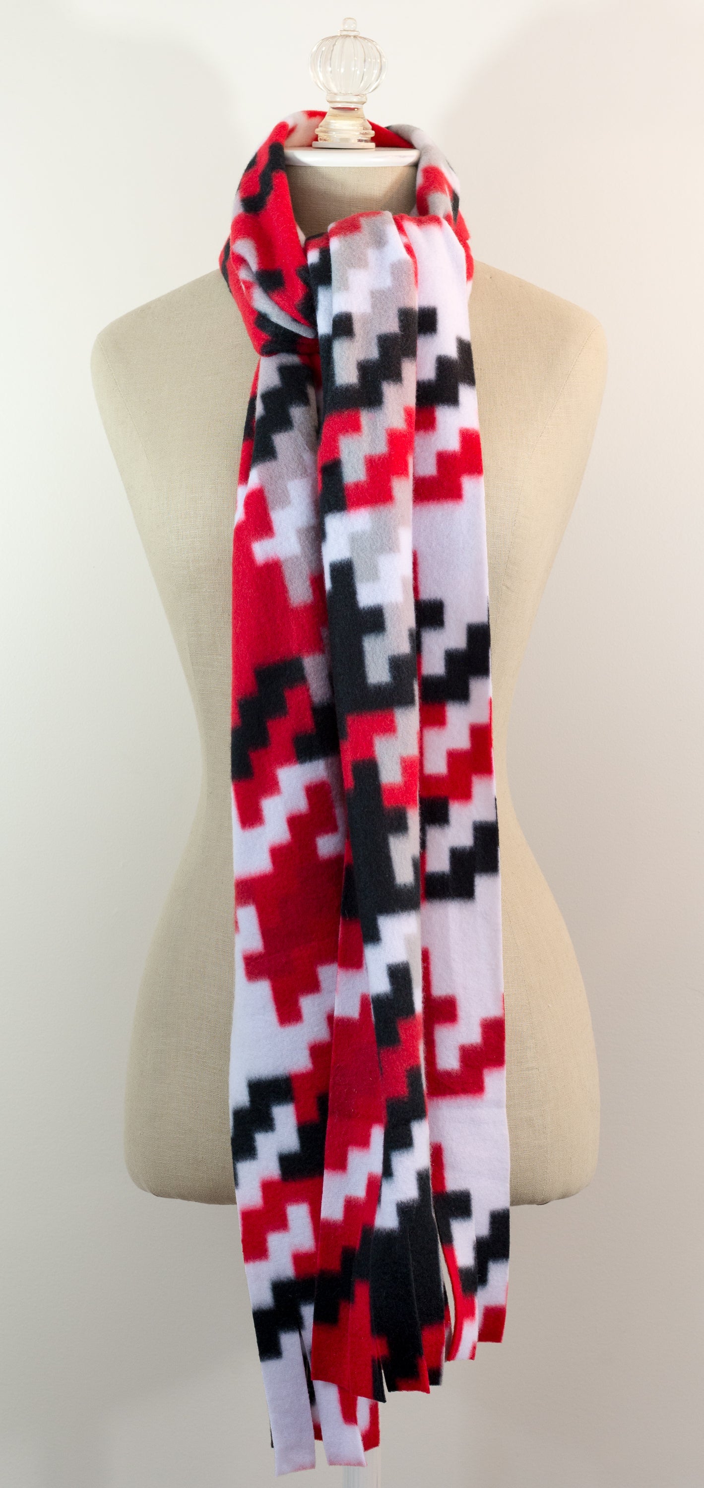 Red, Black, White and Beige Houndstooth Polar Fleece Scarf 8" x 72" Handmade