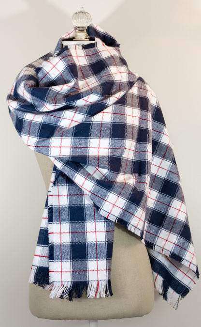 Navy, White and Red Tartan Plaid Flannel Blanket Scarf: 23" x 72" Shawl with Kilt Pin
