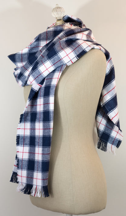 Navy, White and Red Tartan Plaid Flannel Blanket Scarf: 23" x 72" Shawl with Kilt Pin