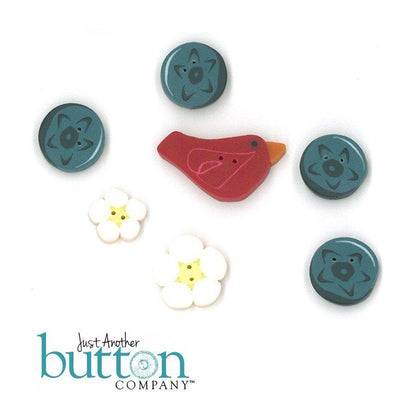 A set of decorative buttons from Just Another Button Company on a white background, featuring a red bird-shaped button with an orange beak, two white flower-shaped buttons with yellow centers, and four round teal buttons with dark gray animal face designs.
Photo by JustAnotherButtonCompany.com [additional_image_link]