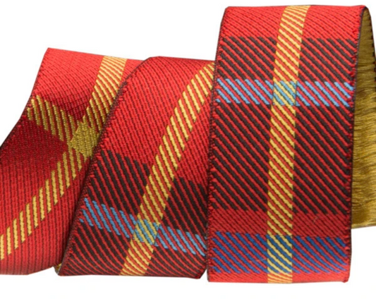 A collection of red woven plaid jacquard ribbons with a visible texture and color variation, purchased by the yard.
Photo by RenaissanceRibbons.com [image_link]