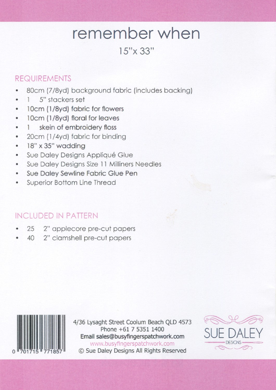 Packaging for a quilting pattern called 'Remember When' by Sue Daley, back page, material requirements.
Photo by Sue Daley [additional_image_link]