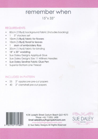Packaging for a quilting pattern called 'Remember When' by Sue Daley, back page, material requirements.
Photo by Sue Daley [additional_image_link]