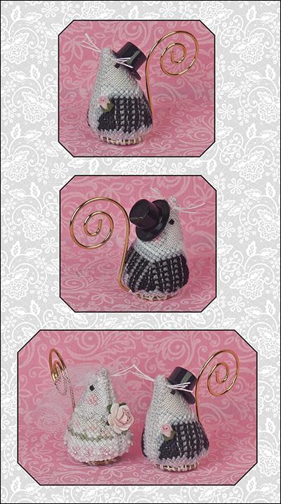 Three framed views of a small mouse ornament with a black-and-white patterned body, black top hat, and gold spiral tail, shown on a pink damask background.
Photo by JustNan.com [image_link]
