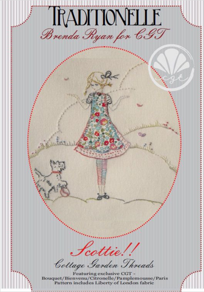Front cover of a vintage-style sewing pattern package titled "Traditionelle" with "Brenda Ryan for CGT" and "Scottie!! Cottage Garden Threads" on a pale gray background. The center shows an embroidered illustration of a girl in a floral dress standing beside a small dog, with a red dotted oval border and a white shell-like logo in the upper right.Photo by cottagegardenthread.com [additional_image_link]