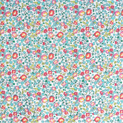 A close-up of a floral fabric pattern featuring small pink, red, yellow, and blue flowers with green leaves on a white background.
[additional_image_link]